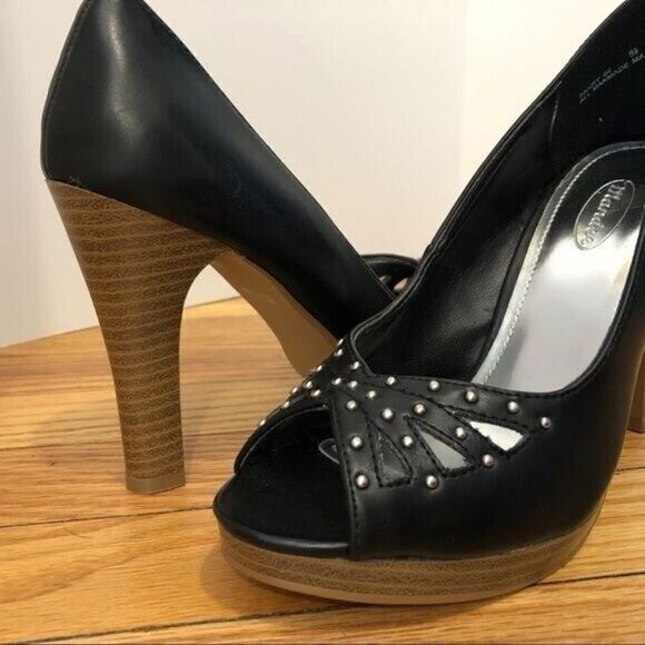 NEW black vegan leather platform peeptoe heels 5.5 Mandee cutout - Picture 11 of 12